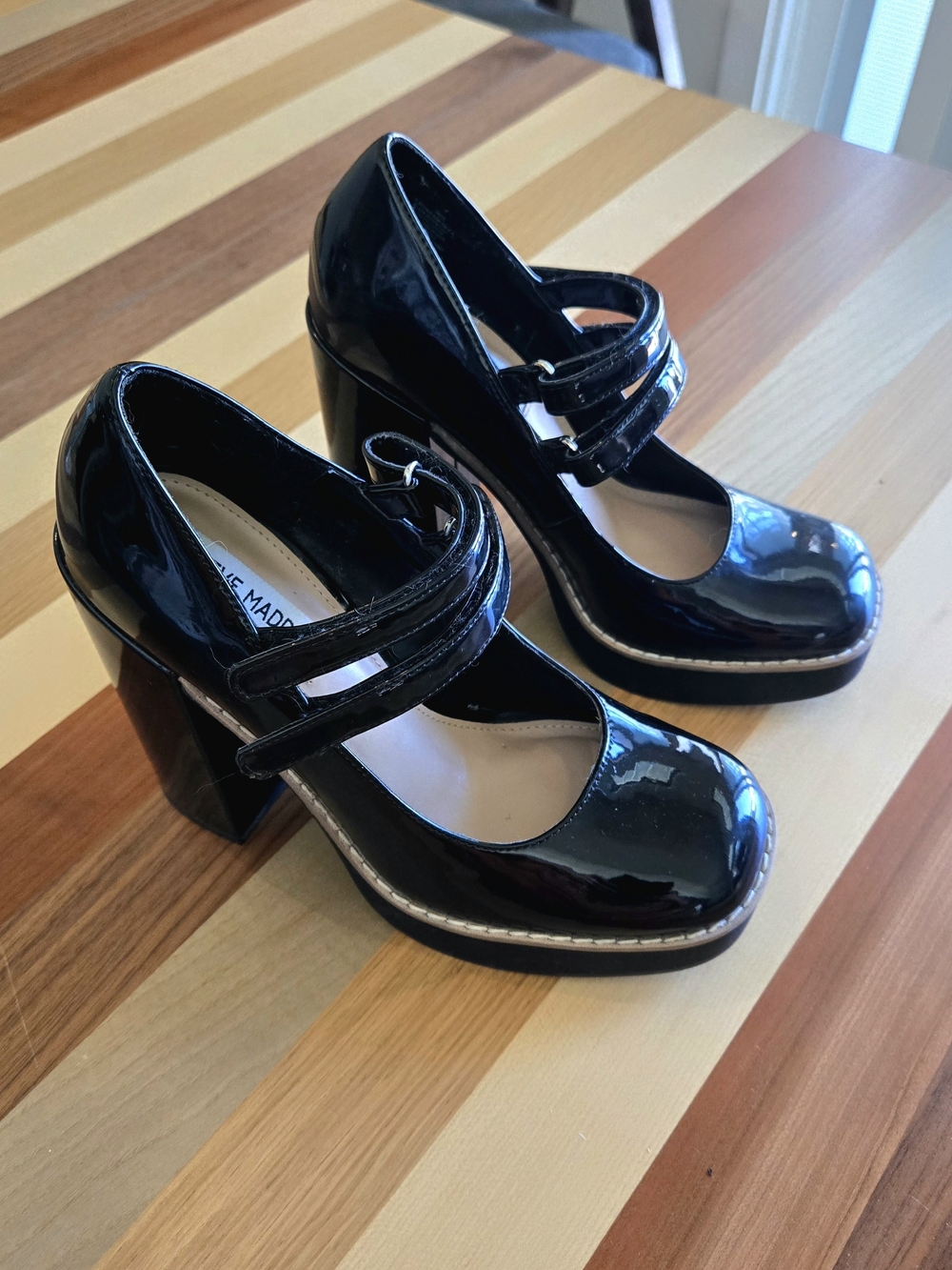 Steve Madden Twice Mary Jane Black Patent Block Heel Pumps Size 6.5